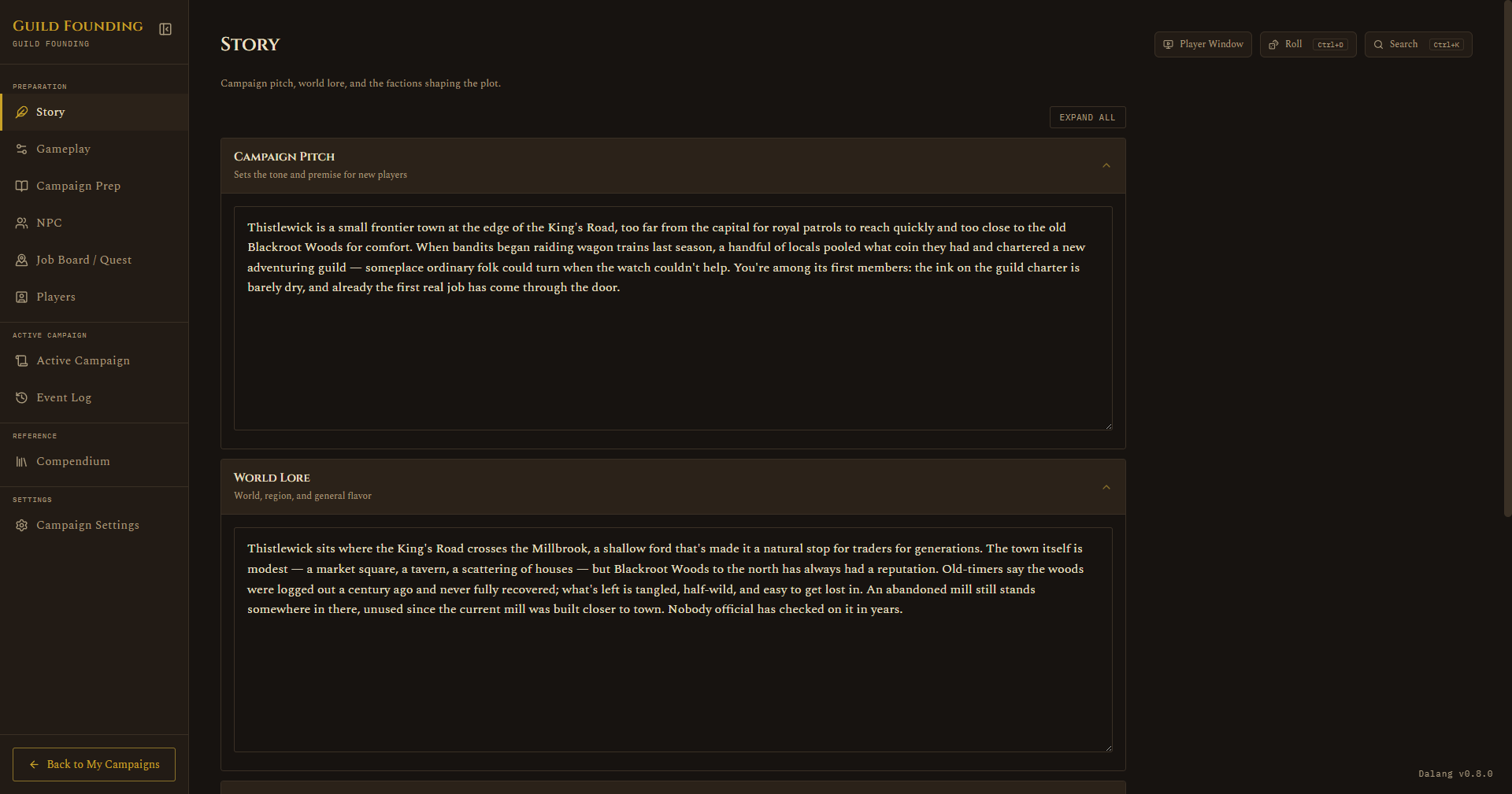 Sidebar with the four groups: Preparation, Active Campaign, Reference, Settings