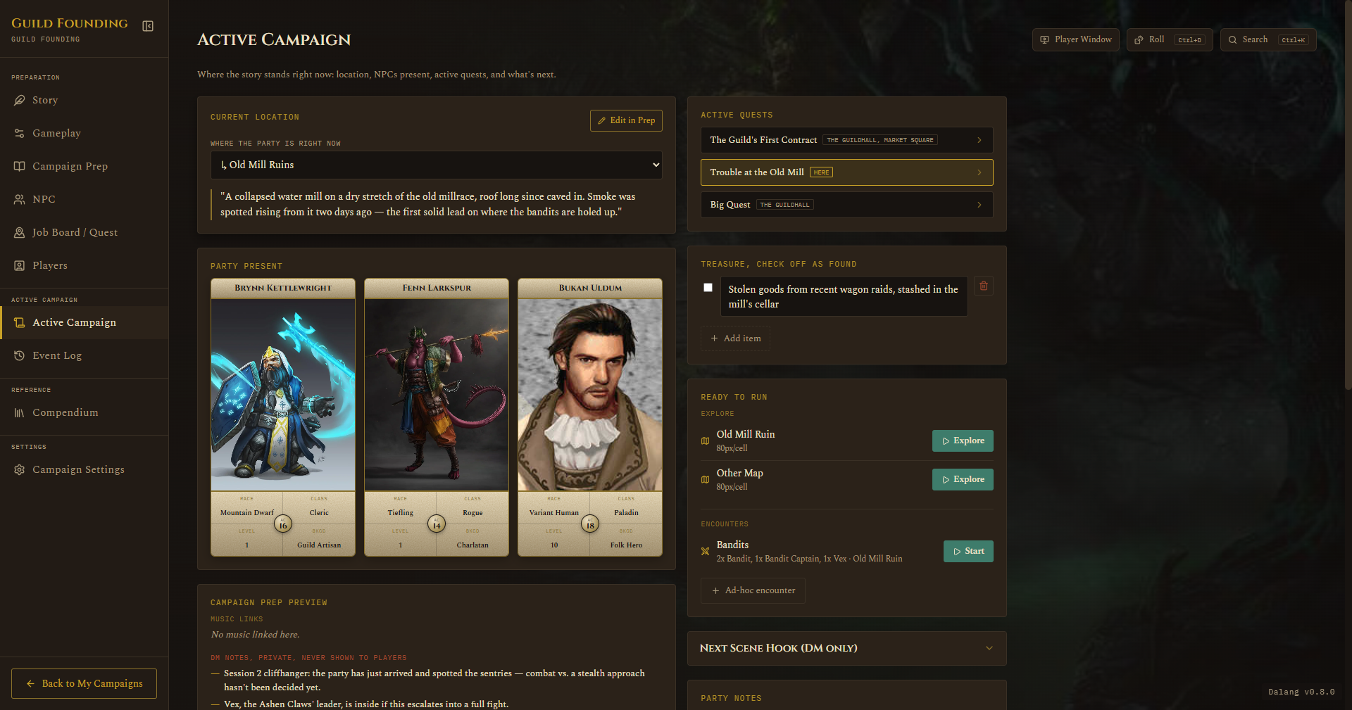 Active Campaign hub with the Encounters card and Start button