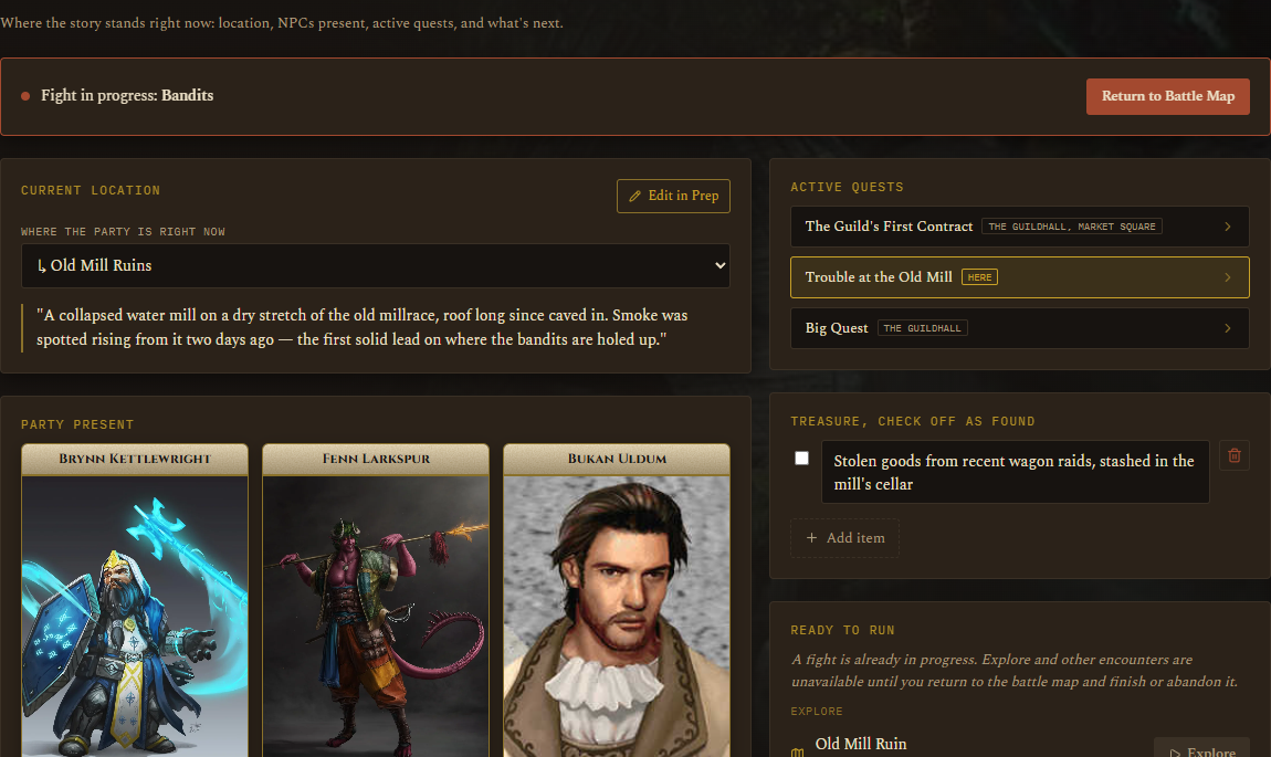 Live battle map mid-combat with a token's quick-action popup open