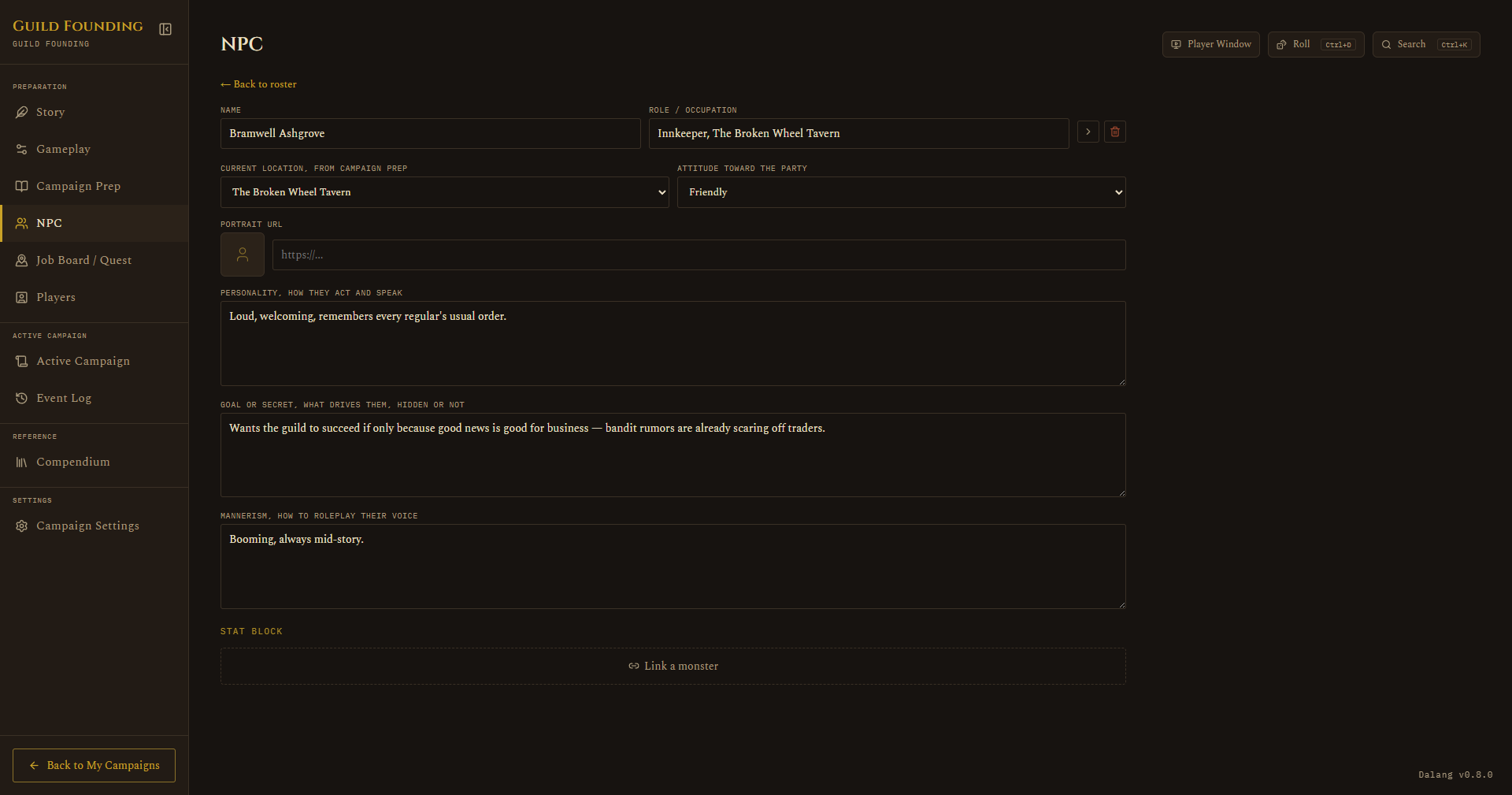 NPC detail sheet, personality, goal or secret, mannerism, portrait preview