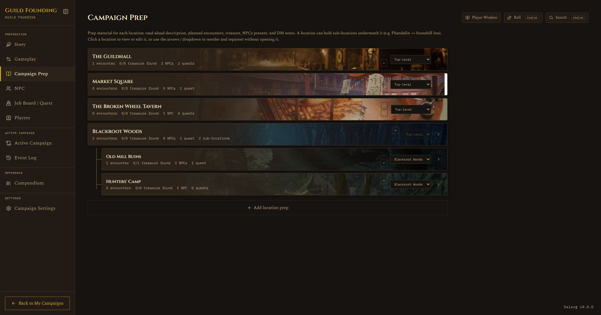 Campaign Prep location list, with nested sub-locations