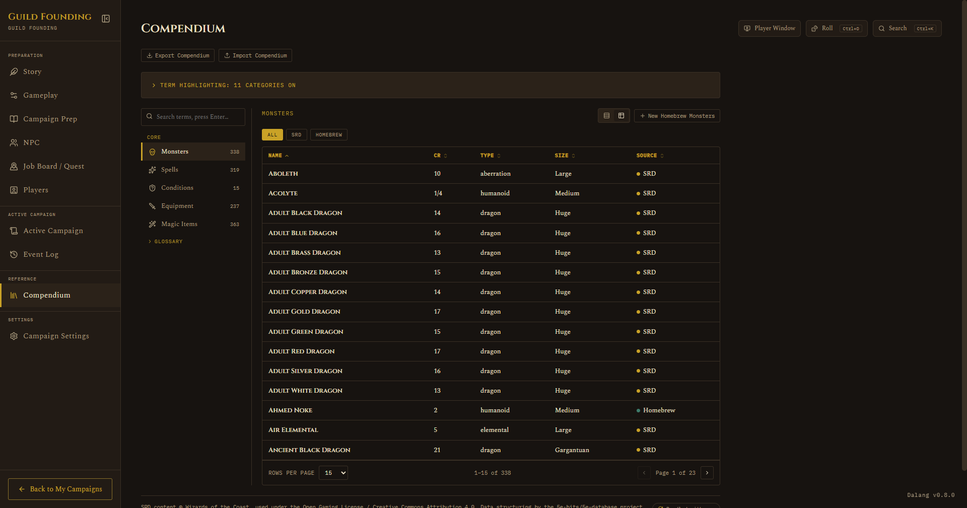 Compendium, Monsters table view with pagination