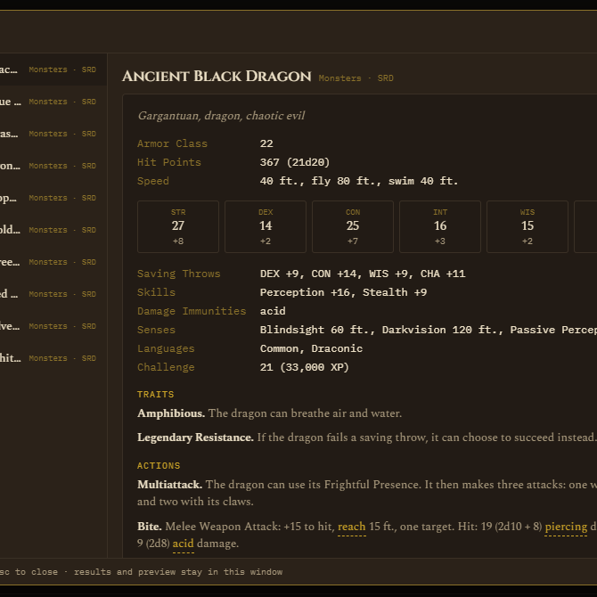 Compendium quick search, results and a stat block preview in one window