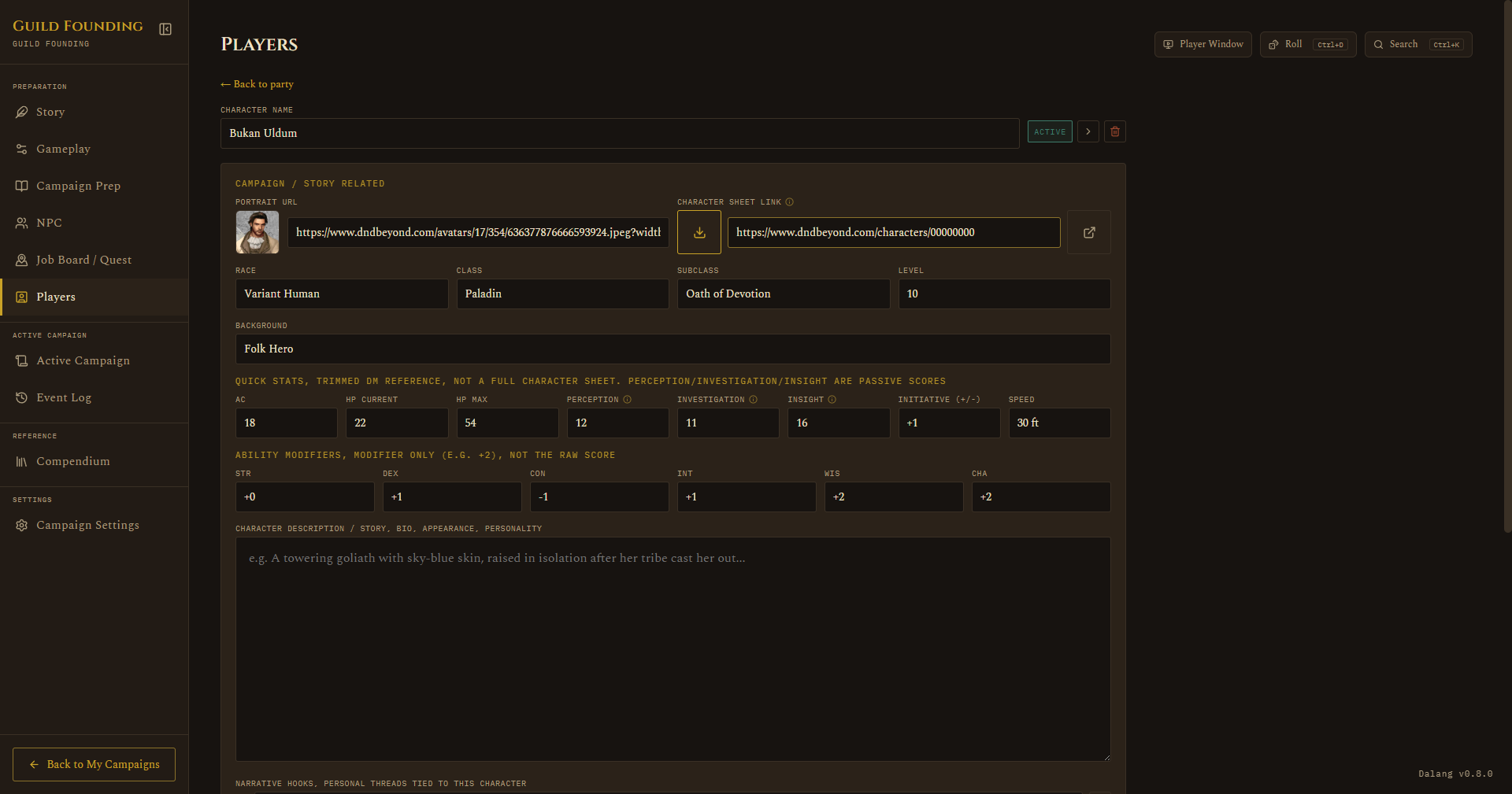 Character sheet link field with a D&D Beyond URL pasted in, import button ready