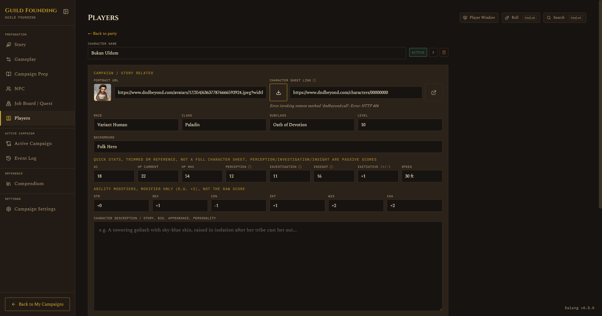 Import error message shown inline under the Character sheet link field