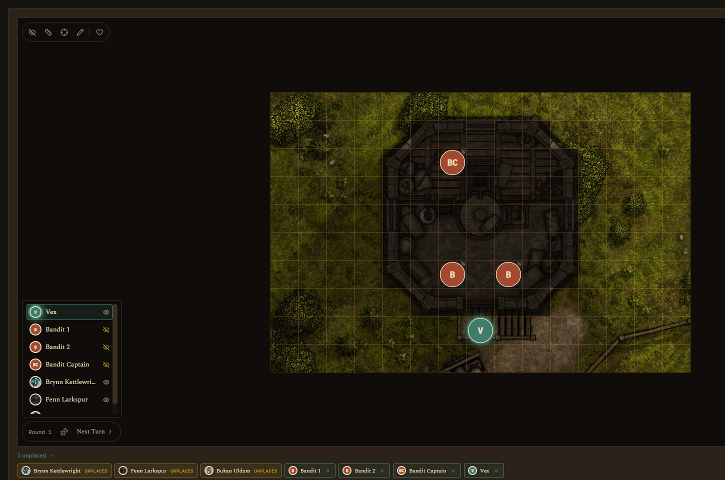 Focus Mode with the compact turn-order list in the bottom-left corner